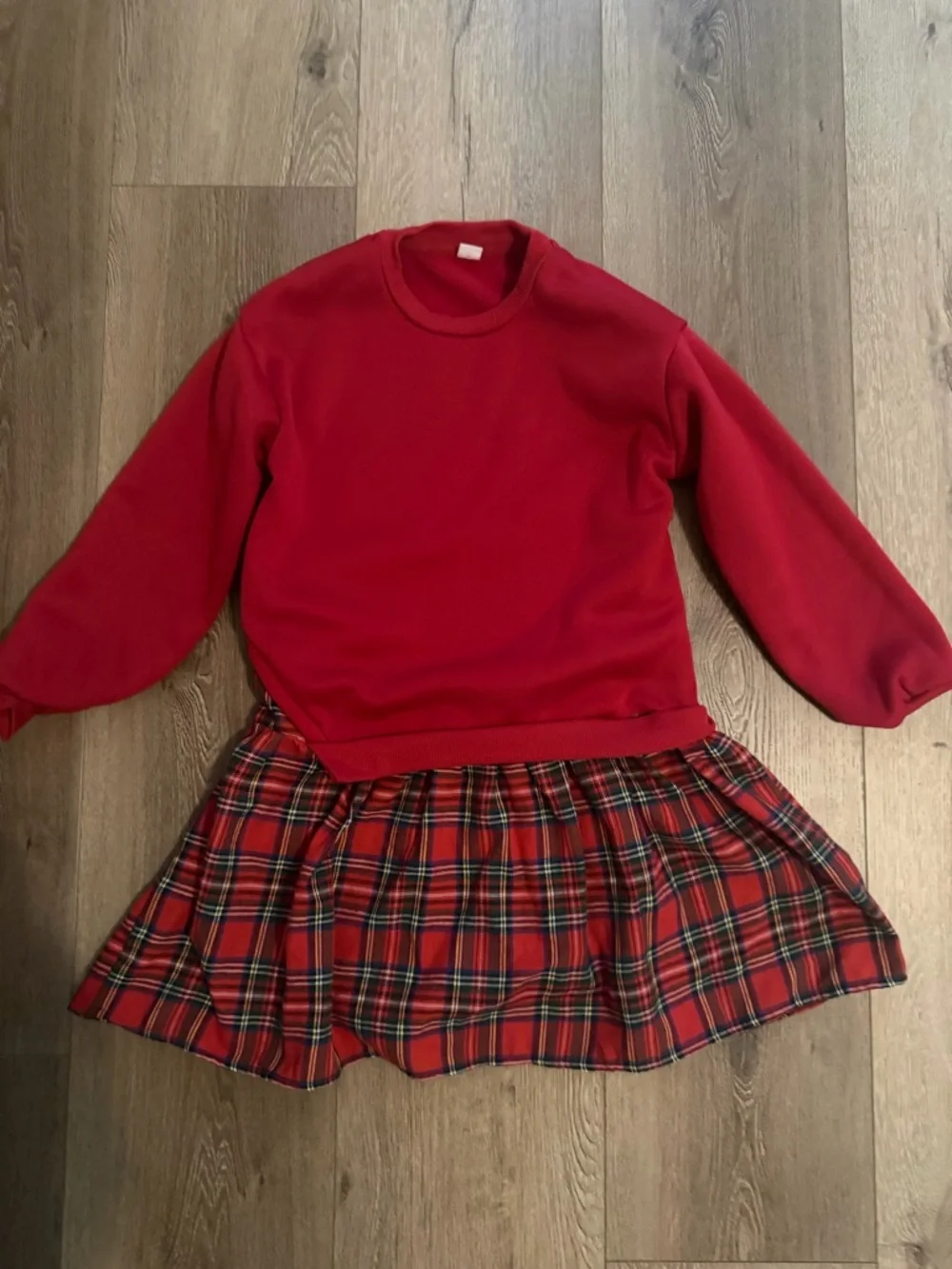 Girls Red Long Sleeve Top with Plaid Skirt Set